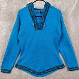100% Alpaca‎ Sweater Hoodie Pullover Women XL Blue Aztec Charms Boho